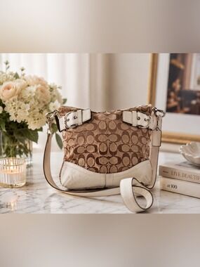 Vintage Coach Signature Canvas & Leather Hobo Shoulder Bag Cream Brown F03574